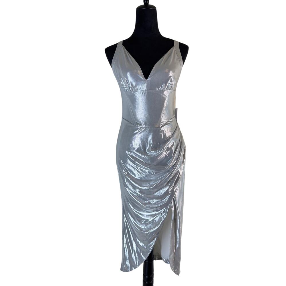 Rosevelvet Metallic Silver Slit Maxi Dress – NWT – Size Medium